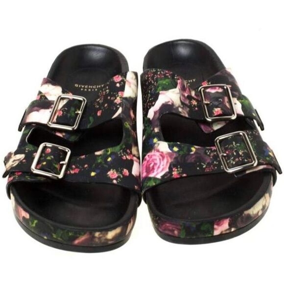 Authentic GIVENCHY Black Floral Print Leather Dual Strap Slides Size EU38 - Picture 1 of 12